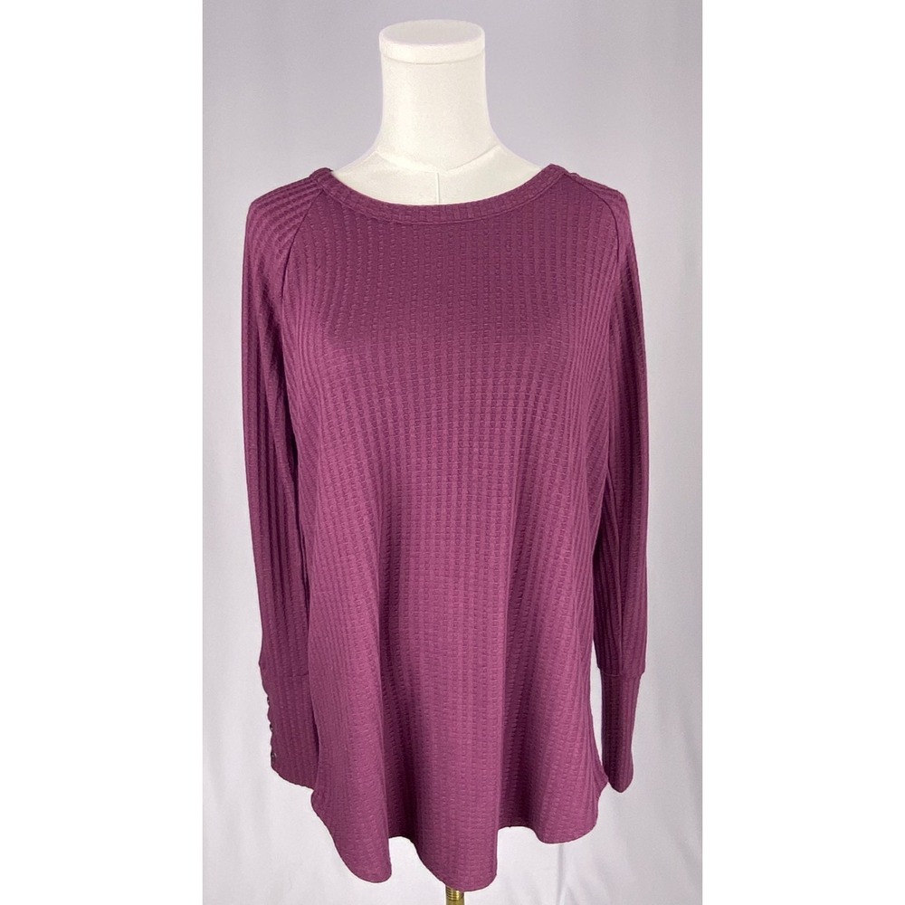 Chaser Waffle Knit Top Women Large Purple Long Sleeve Button Cuff Casual Soft